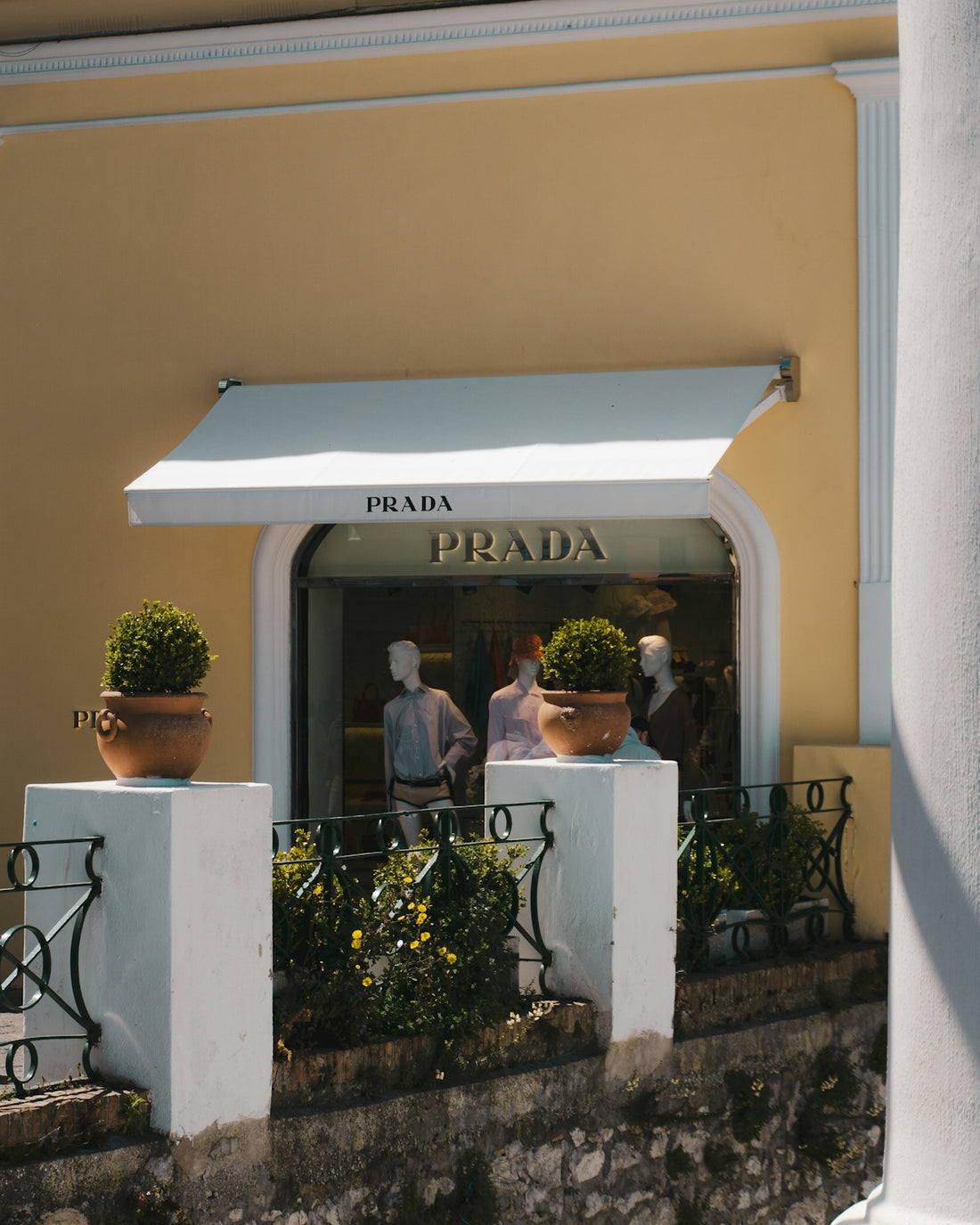 A prada store front with mannequins and plants.